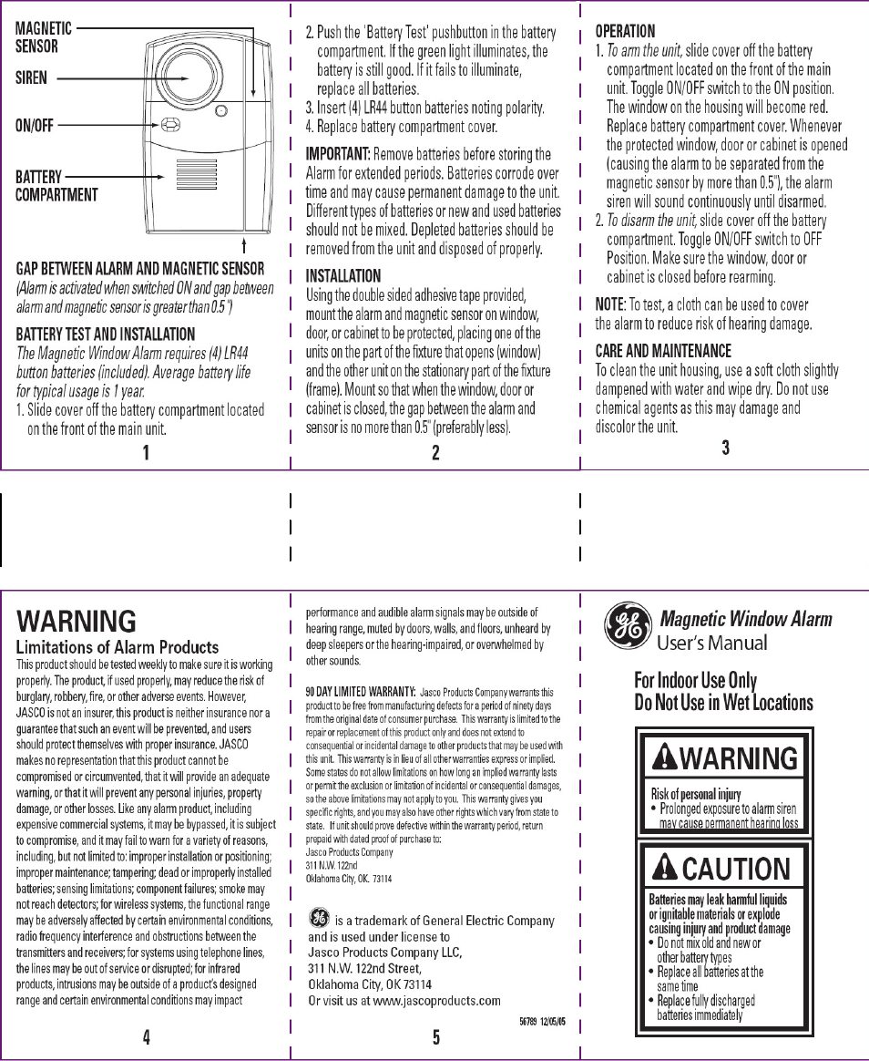 GE 56789 GE Wireless Window Alarm User Manual | 1 page