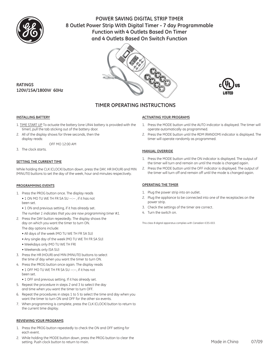 GE 15272 GE Strip Timer User Manual | 1 page