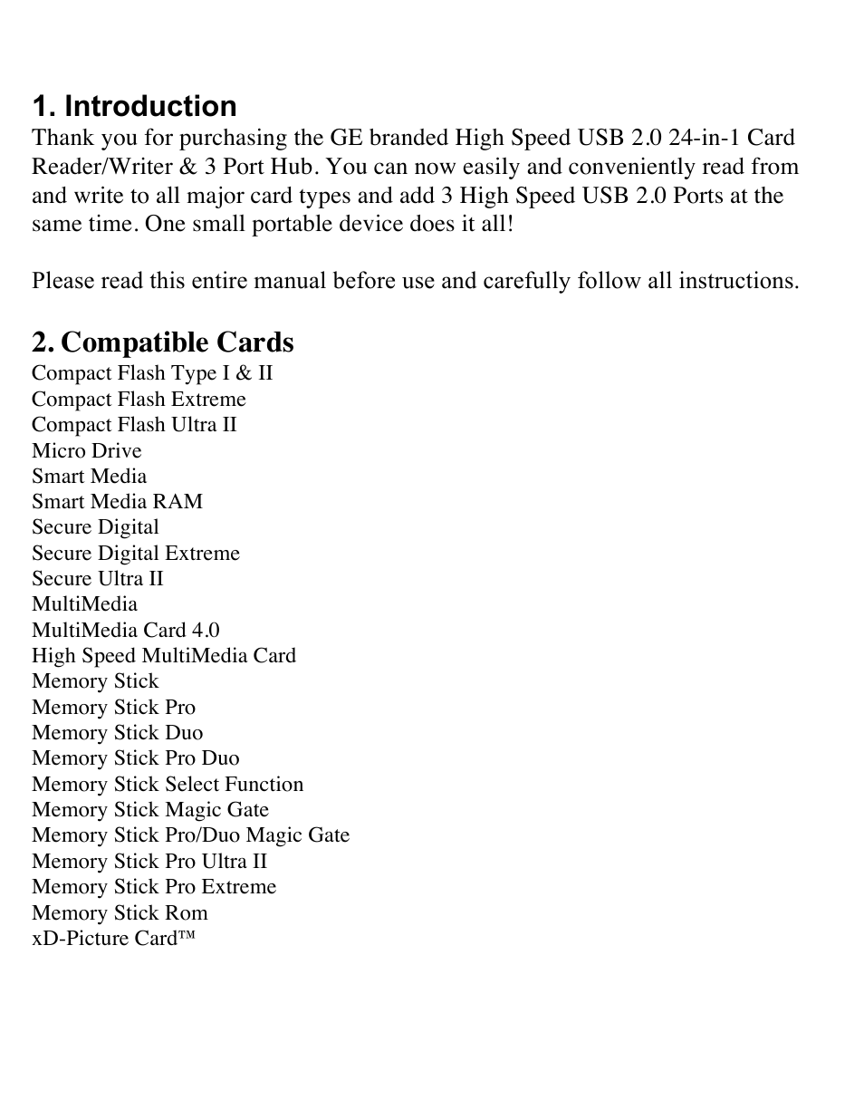 GE 97962 GE 19-in-1 Card Reader & 3-Port USB 2.0 Hub User Manual | Page 2 / 8