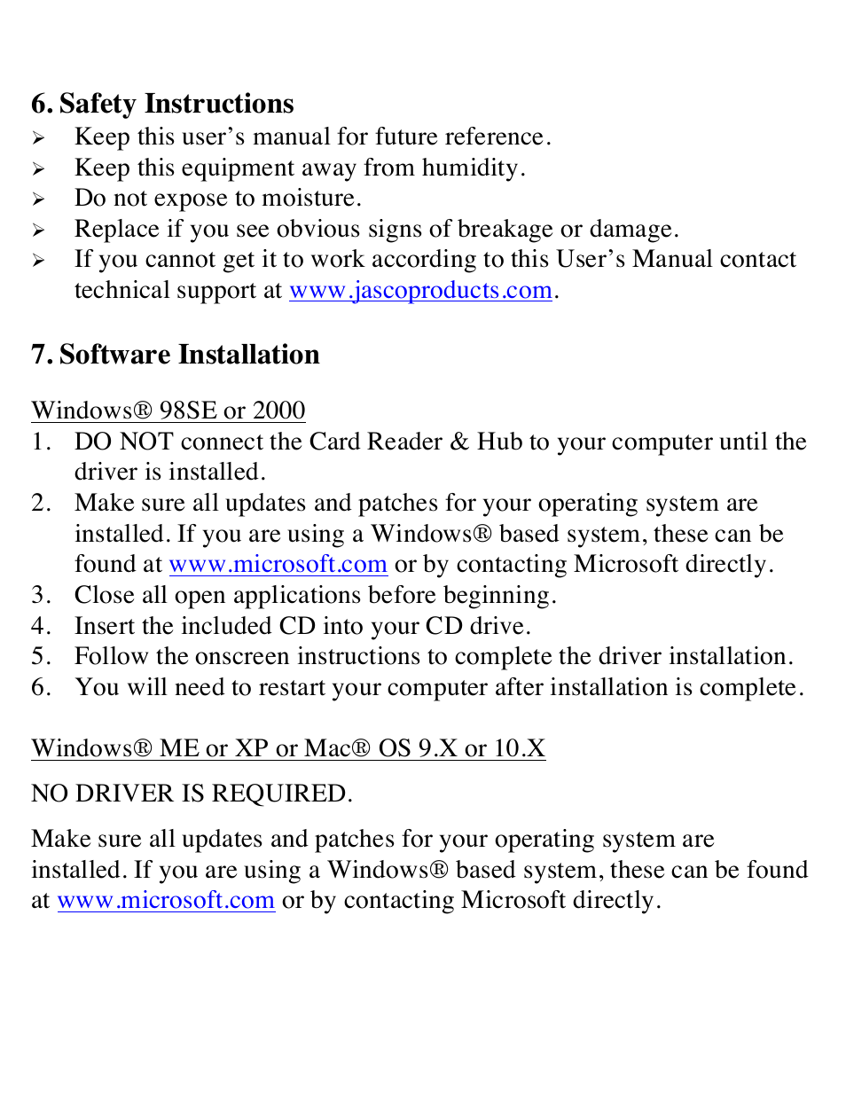 Safety instructions, Software installation | GE 97962 GE 19-in-1 Card Reader & 3-Port USB 2.0 Hub User Manual | Page 4 / 8