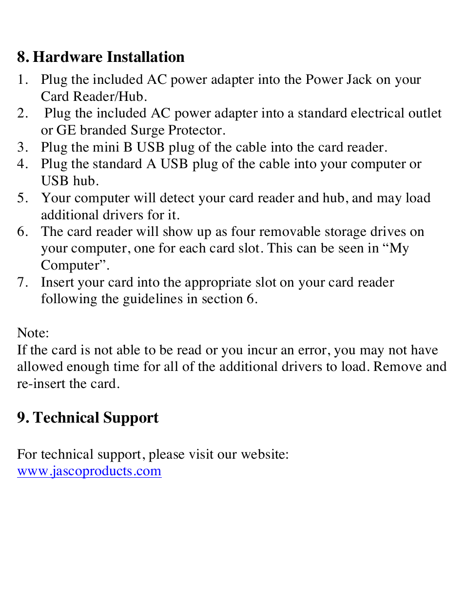 Hardware installation, Technical support | GE 97962 GE 19-in-1 Card Reader & 3-Port USB 2.0 Hub User Manual | Page 5 / 8