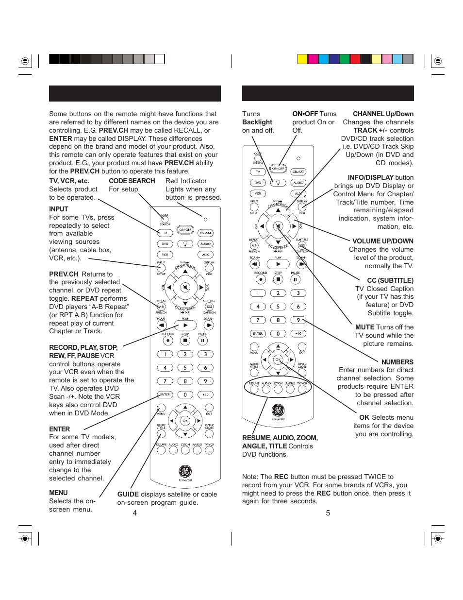 Button functions, cont, Button functions | GE 84918 GE Universal Remote User Manual | Page 3 / 9