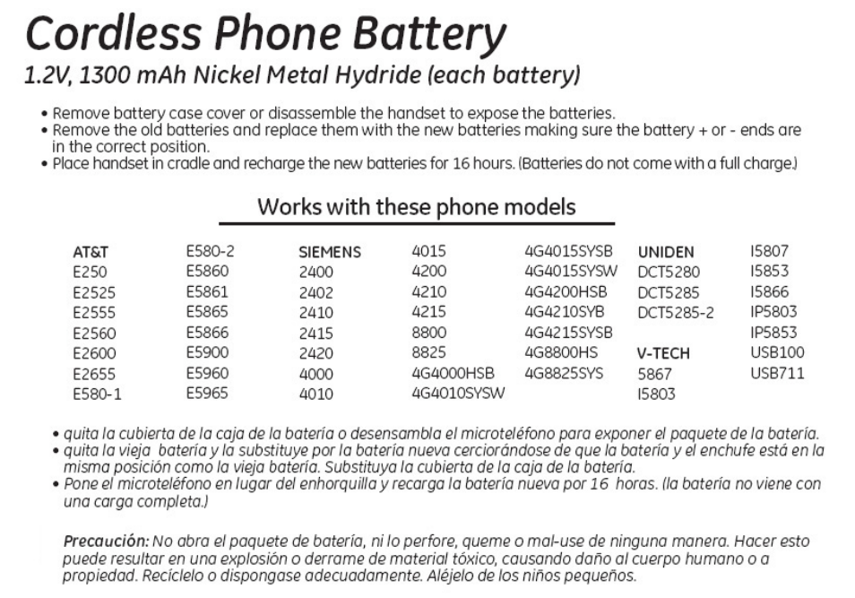 GE 26604 GE Cordless Phone Battery User Manual | 1 page