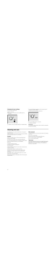 Changing the basic settings, Switch on the hob, Set the desired value using the twist knob | Touch the 33 symbol for 4 seconds, Switching off, Cleaning and care, Ceramic, Hob surround, Twist knob | Neff T93T42N2MK User Manual | Page 34 / 52