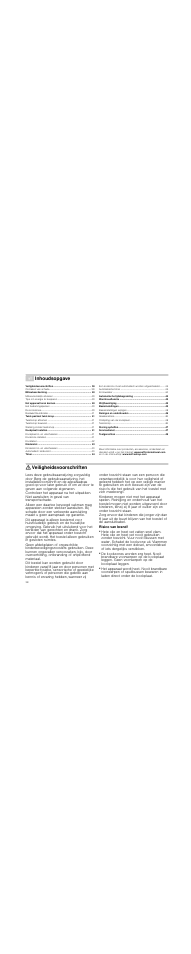 É inhoudsopgave[nl] gebruiksaanwijzing, Veiligheidsvoorschriften, Risico van brand | Inhoudsopgave | Neff T93T42N2MK User Manual | Page 38 / 52
