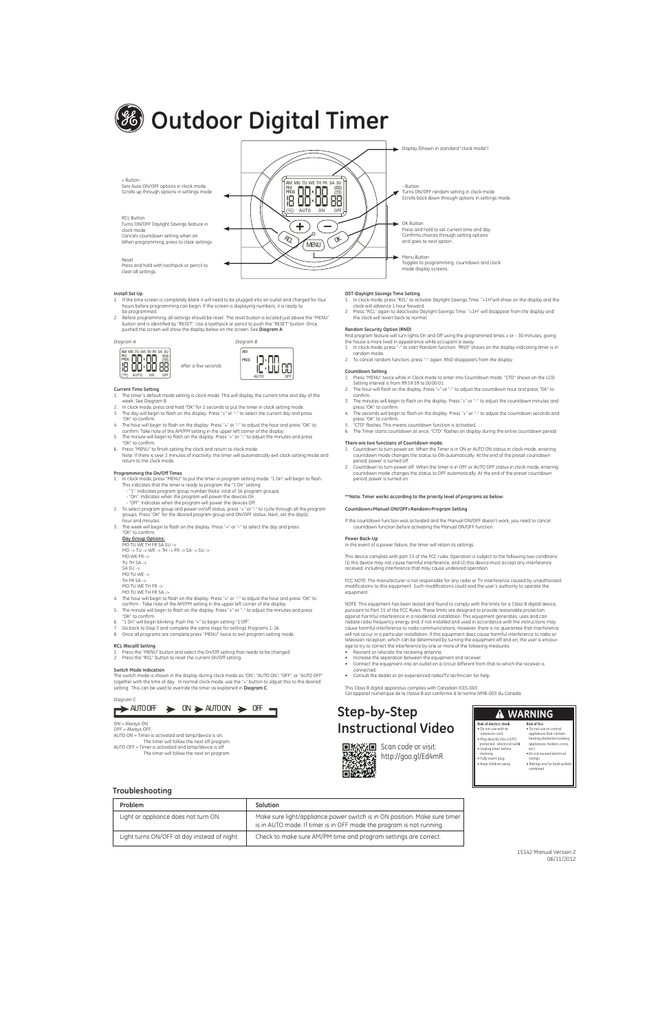GE 15142 Outdoor Digital Timer User Manual | 2 pages