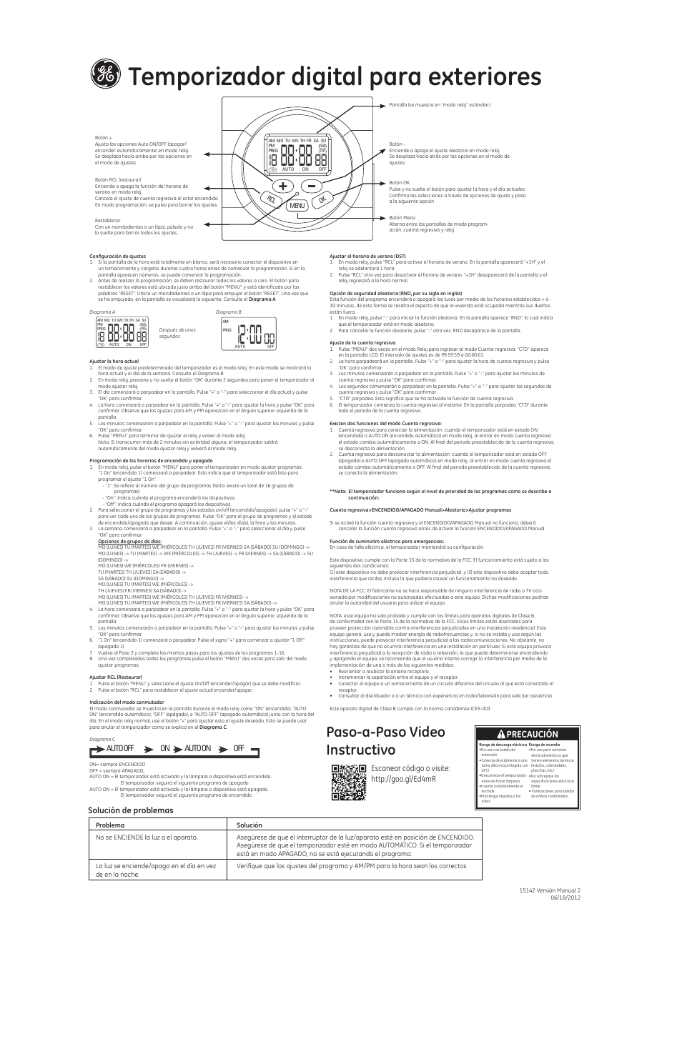 Temporizador digital para exteriores, Paso-a-paso video instructivo, Precaución | Solución de problemas | GE 15142 Outdoor Digital Timer User Manual | Page 2 / 2