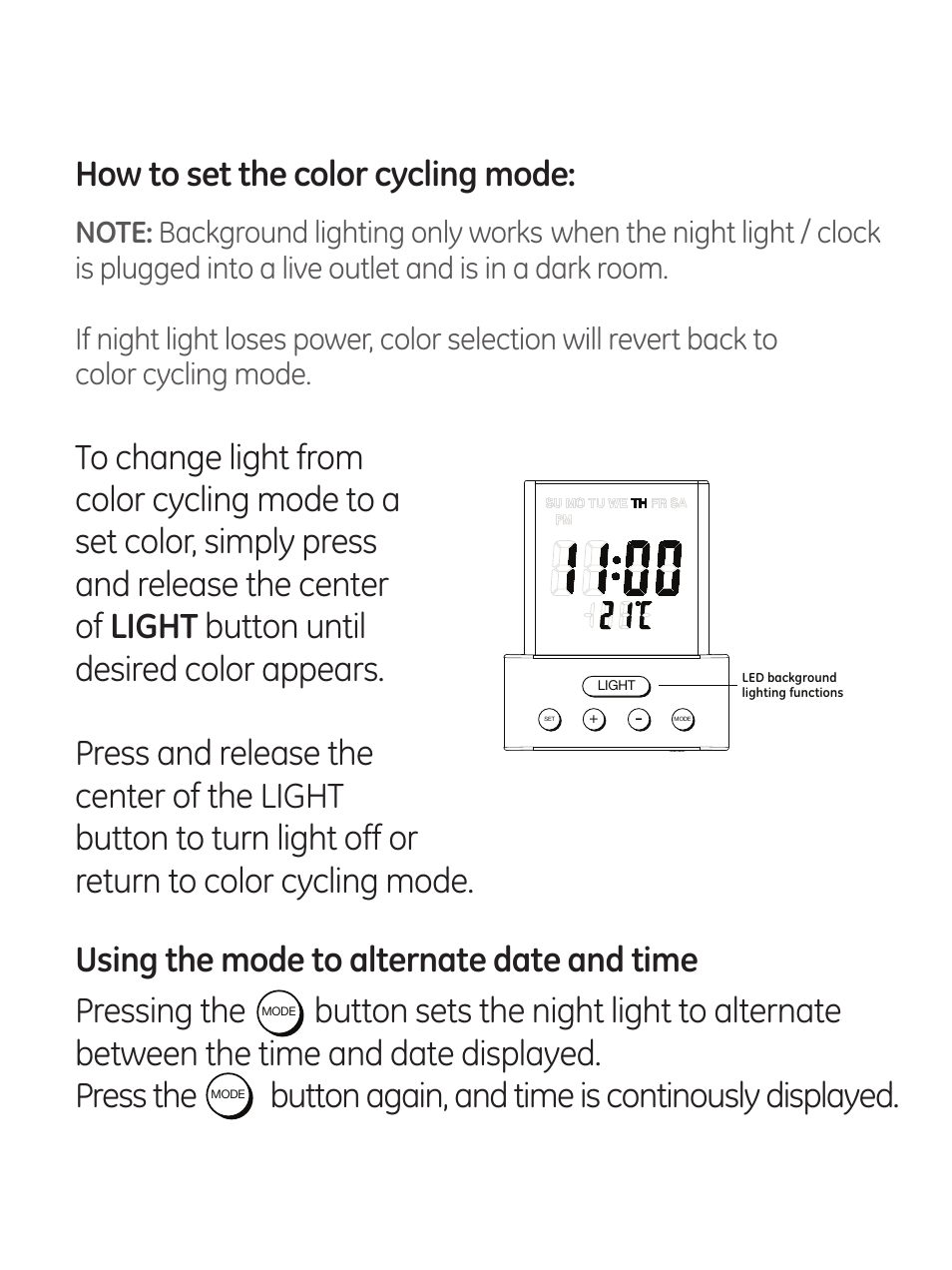 How to set the color cycling mode | GE 11152 Time & Temperature Night Light User Manual | Page 6 / 7