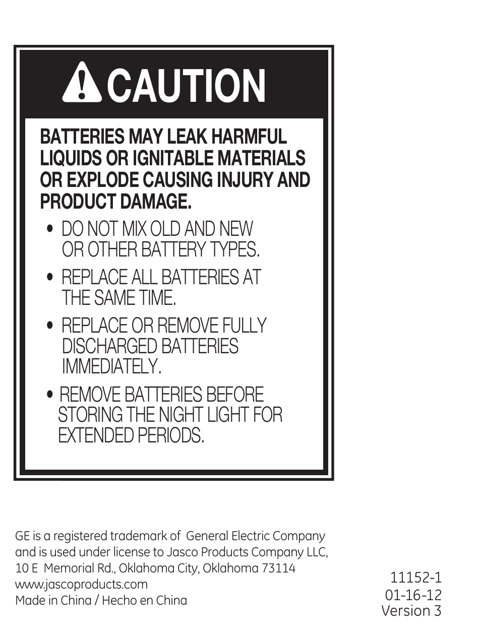 Caution | GE 11152 Time & Temperature Night Light User Manual | Page 7 / 7