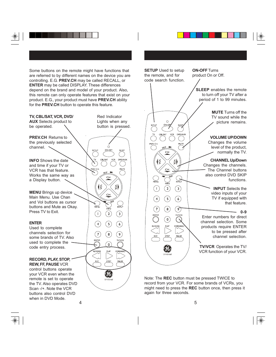 Button functions, cont, Button functions | GE 84930 GE Universal Remote User Manual | Page 3 / 9