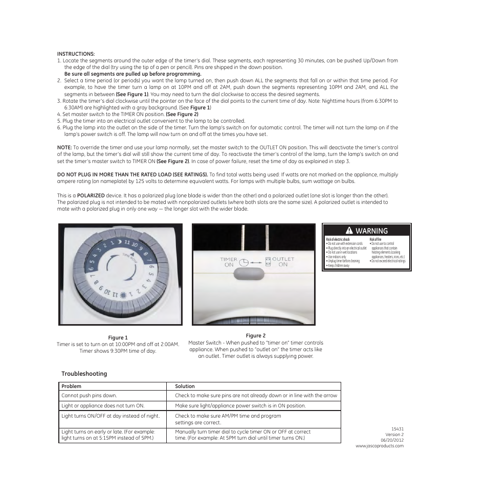 GE 15431 Mechanical Timer User Manual | 2 pages