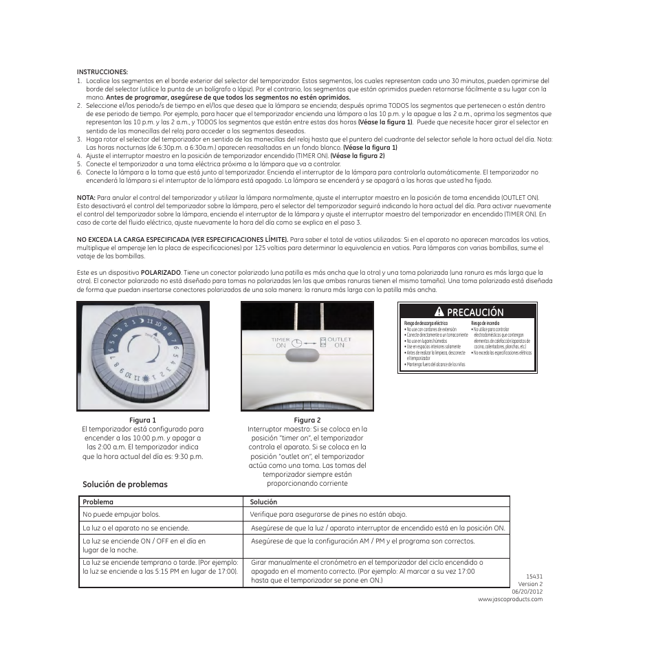 Precaución | GE 15431 Mechanical Timer User Manual | Page 2 / 2