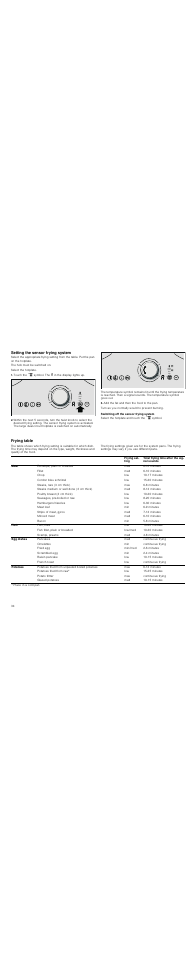 Setting the sensor frying system, Touch the ä symbol. the ‘ in the display lights up, Add the fat and then the food to the pan | Switching off the sensor frying system, Select the hotplate and touch the ä symbol, Frying table | Neff T83T40N0MC User Manual | Page 34 / 52