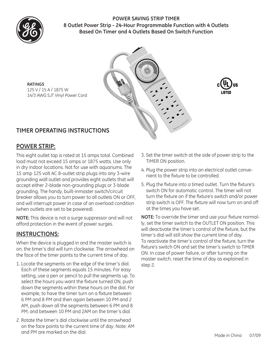 GE 15274 Plug-In GE Strip Timer User Manual | 1 page