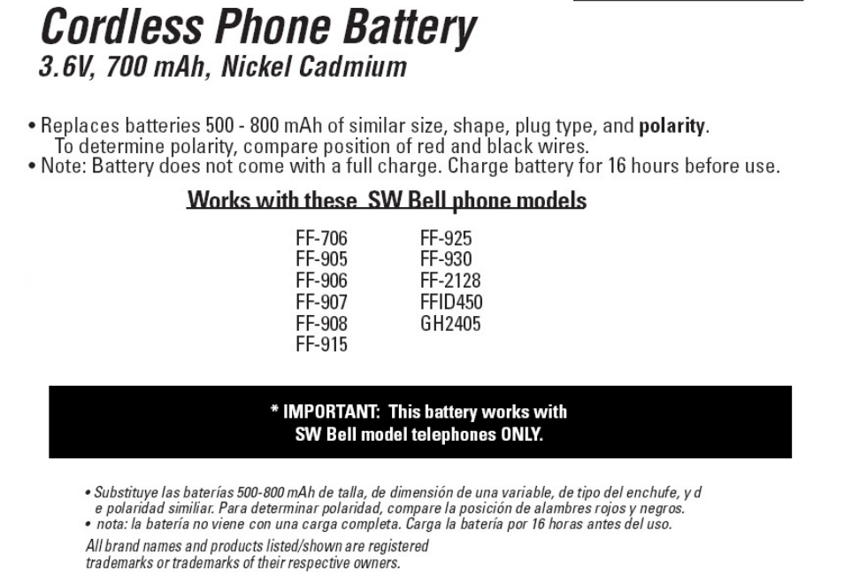 GE 26562 GE Cordless Phone Battery User Manual | 1 page