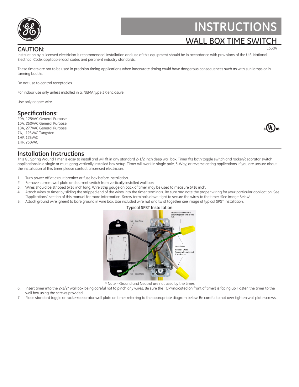 GE Spring Wound Timer 15304 User Manual | 2 pages