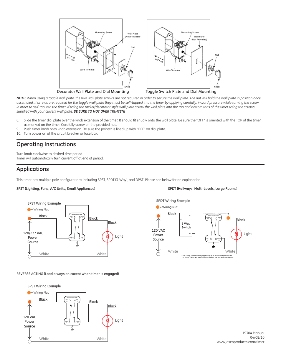 Operating instructions, Applications, White | GE Spring Wound Timer 15304 User Manual | Page 2 / 2