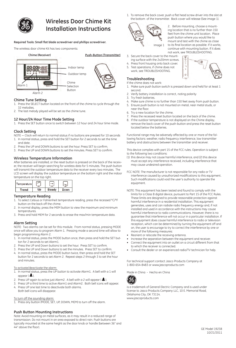 GE 19238 Wireless Door Chime User Manual | 2 pages