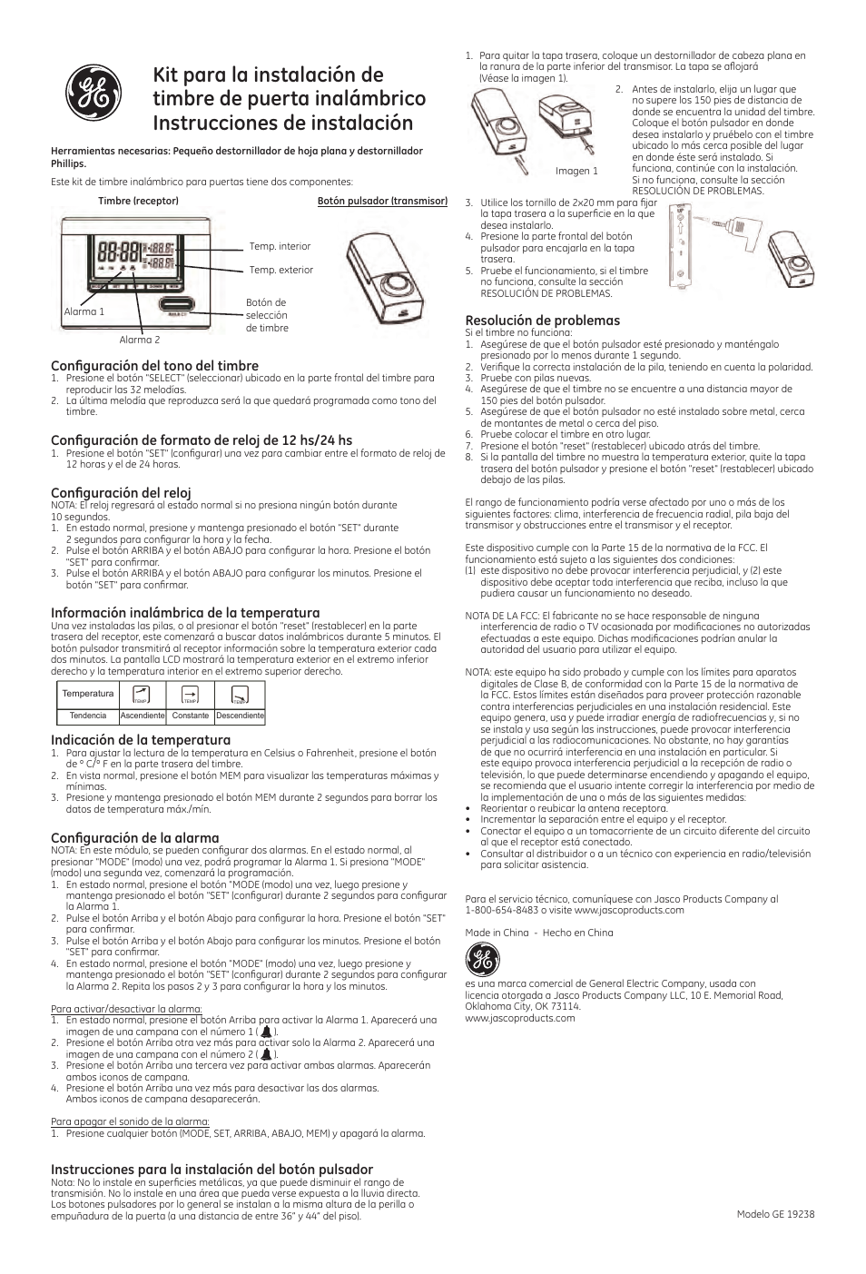 Resolución de problemas, Configuración del tono del timbre, Configuración de formato de reloj de 12 hs/24 hs | Configuración del reloj, Información inalámbrica de la temperatura, Indicación de la temperatura, Configuración de la alarma | GE 19238 Wireless Door Chime User Manual | Page 2 / 2