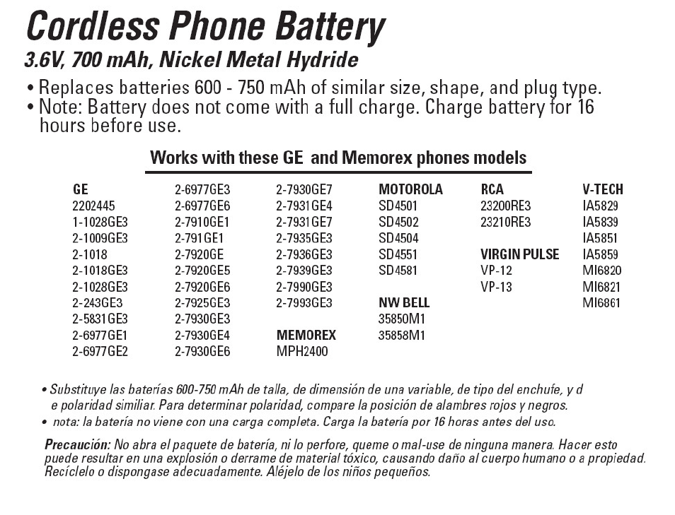 GE 26158 GE Cordless Phone Battery User Manual | 1 page