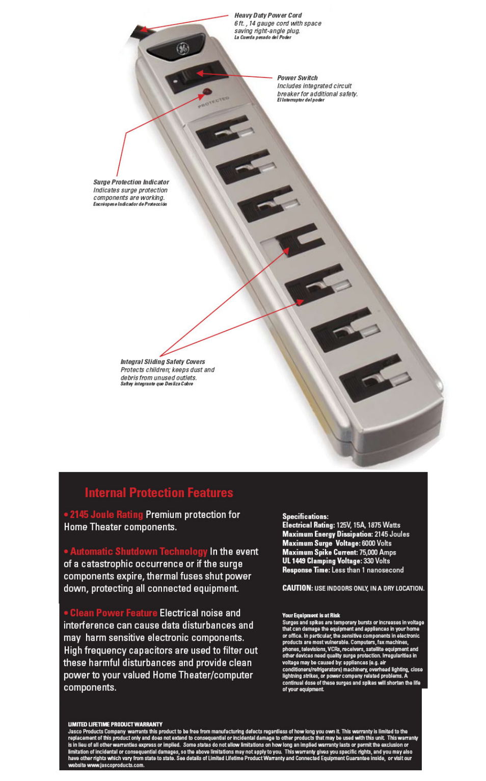 GE 23035 GE 7-Outlet Home Theater Surge Strip 2140 Joules User Manual | 1 page