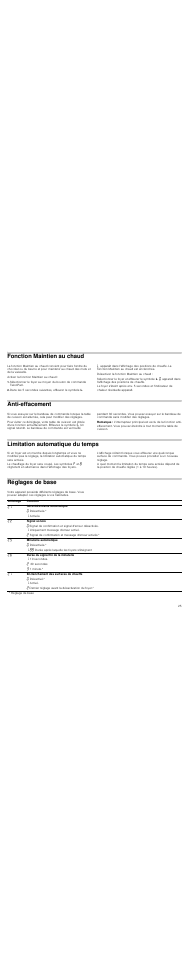 Fonction maintien au chaud, Anti-effacement, Remarque | Limitation automatique du temps, Réglages de base | Neff T83T82N0MC User Manual | Page 25 / 56