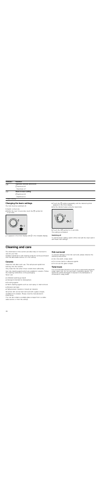 Changing the basic settings, Switch on the hob, Set the desired value using the twist knob | Touch the 33 symbol for 4 seconds, Switching off, Cleaning and care, Ceramic, Hob surround, Twist knob | Neff T83T82N0MC User Manual | Page 38 / 56