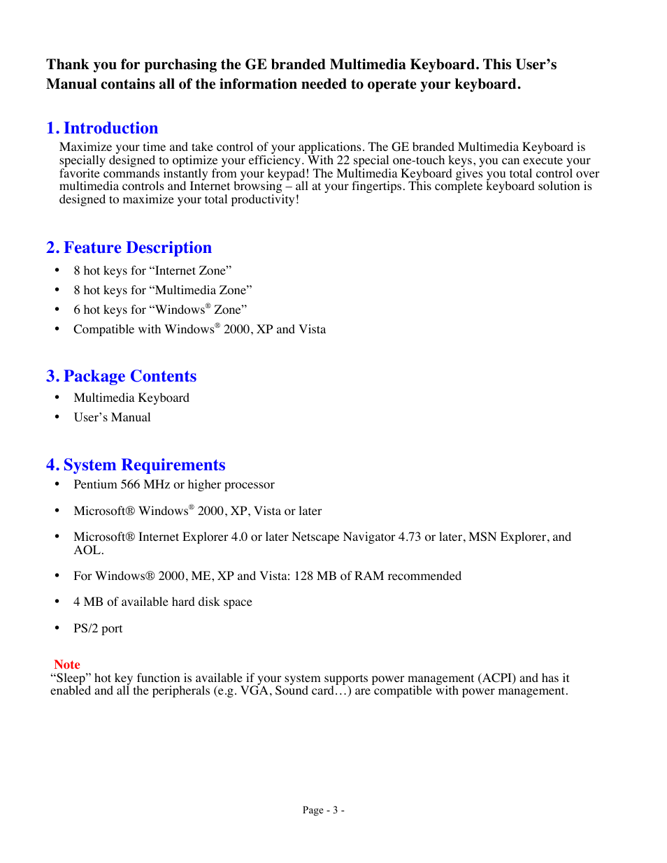 Introduction, Feature description, Package contents | System requirements | GE 98091 version 1 GE Wired Multimedia Keyboard User Manual | Page 3 / 9