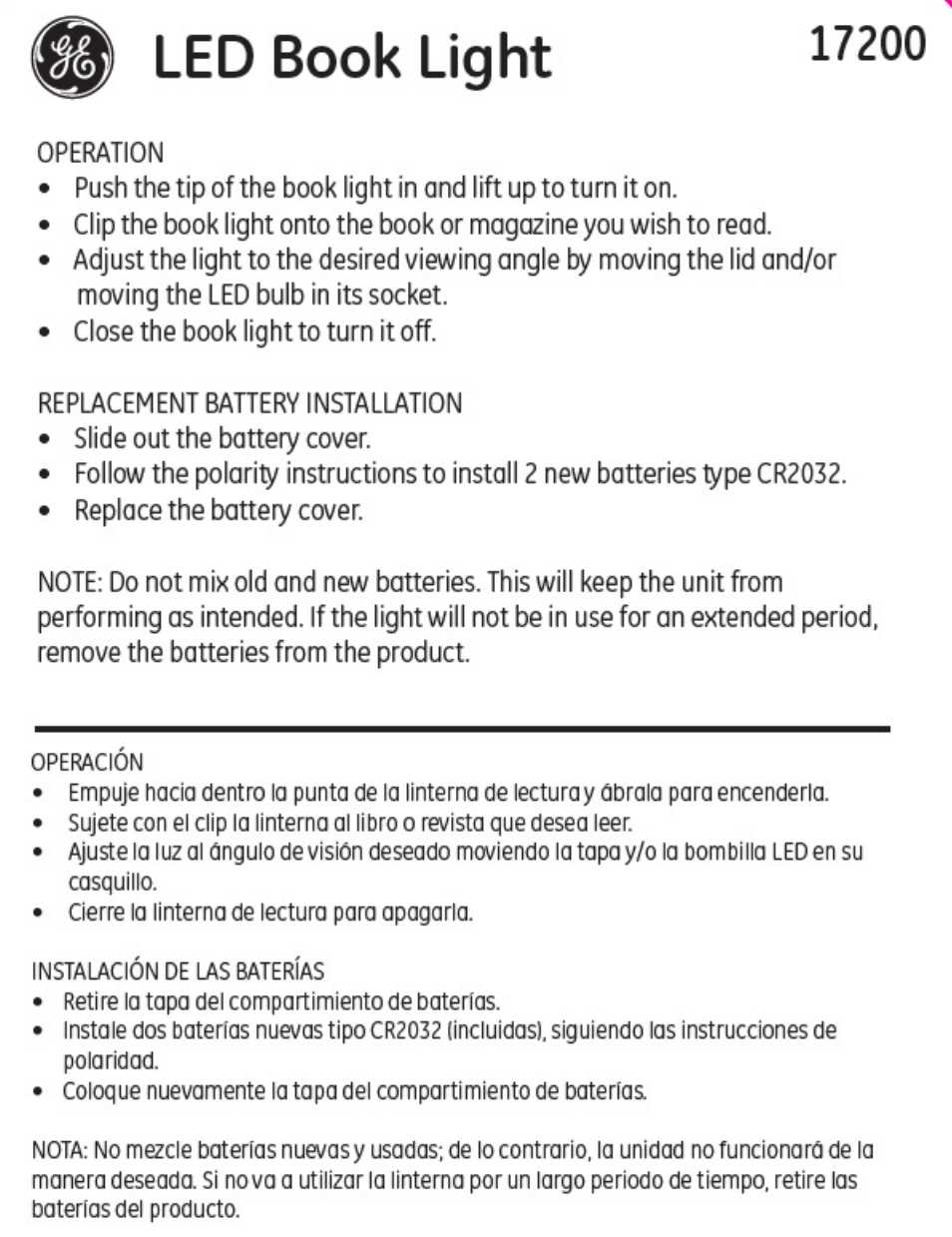 GE 17200 GE LED Book Light White User Manual | 1 page