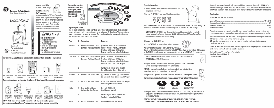 GE 51141 GE Outdoor Outlet Receiver Smart Remote Plus Compatible User Manual | 1 page