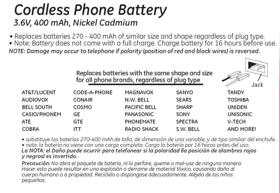 GE 26145 GE Cordless Phone Battery User Manual | 1 page