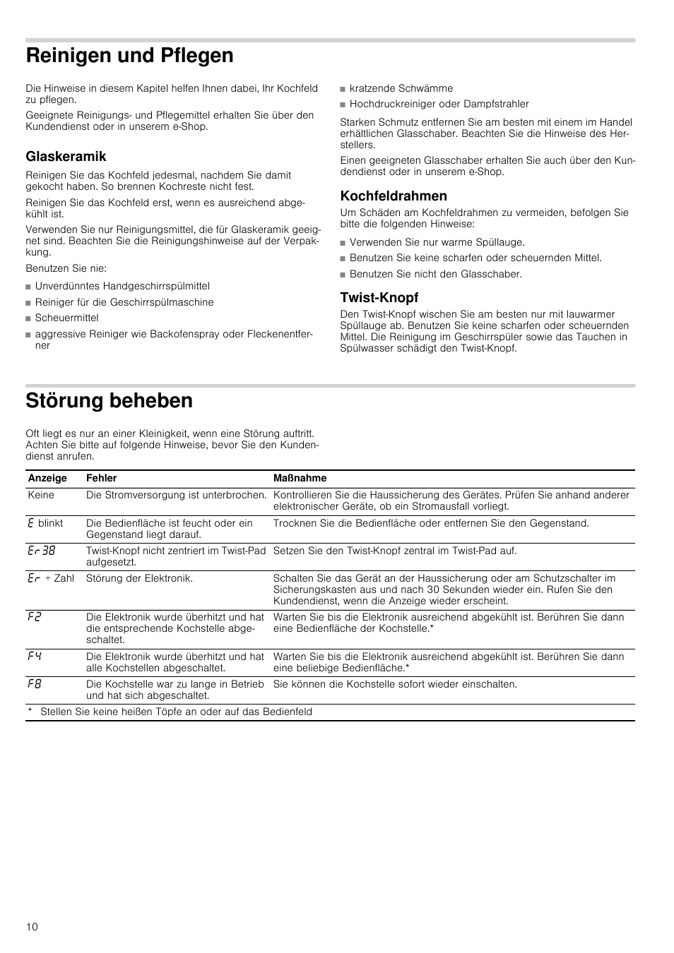 Reinigen und pflegen, Glaskeramik, Benutzen sie nie | Kochfeldrahmen, Twist-knopf, Störung beheben, Reinigen und pflegen glaskeramik kochfeldrahmen | Neff T15T40X0 User Manual | Page 10 / 40