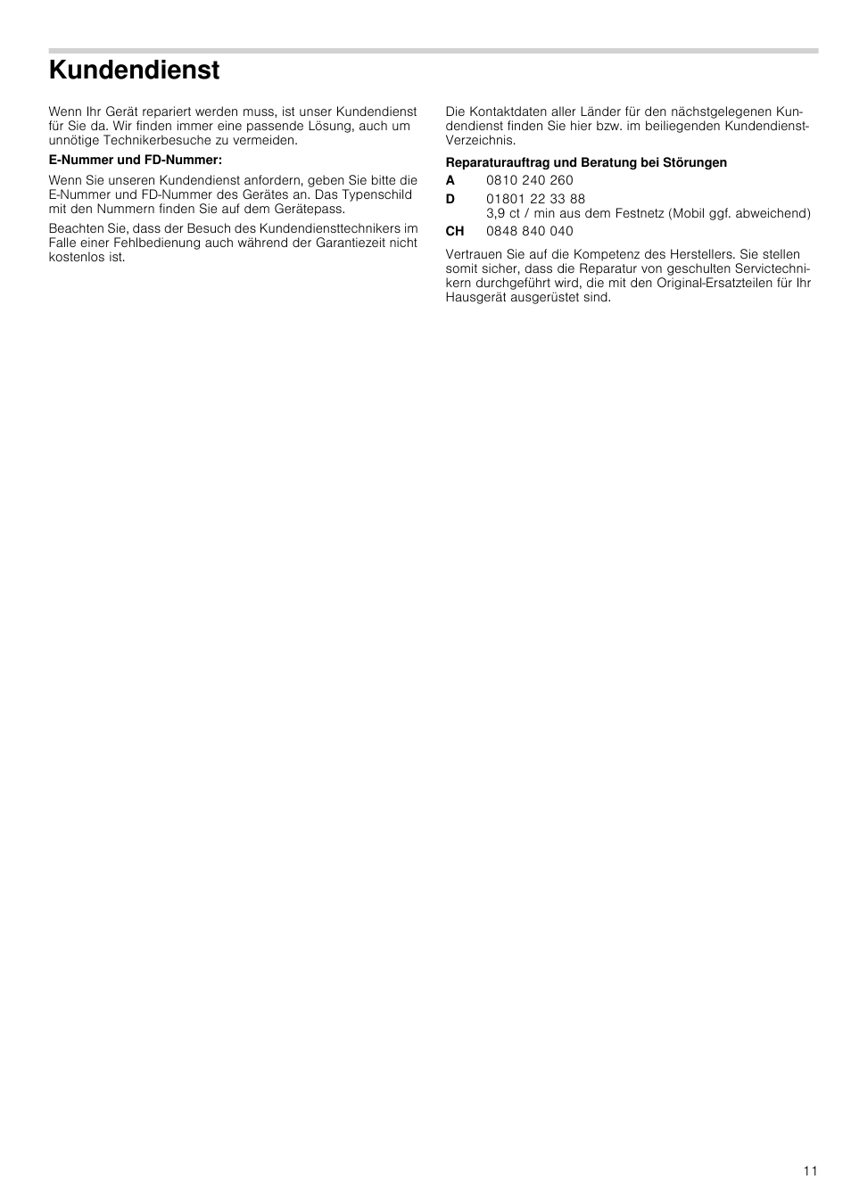 Kundendienst, E-nummer und fd-nummer, Reparaturauftrag und beratung bei störungen | Neff T15T40X0 User Manual | Page 11 / 40