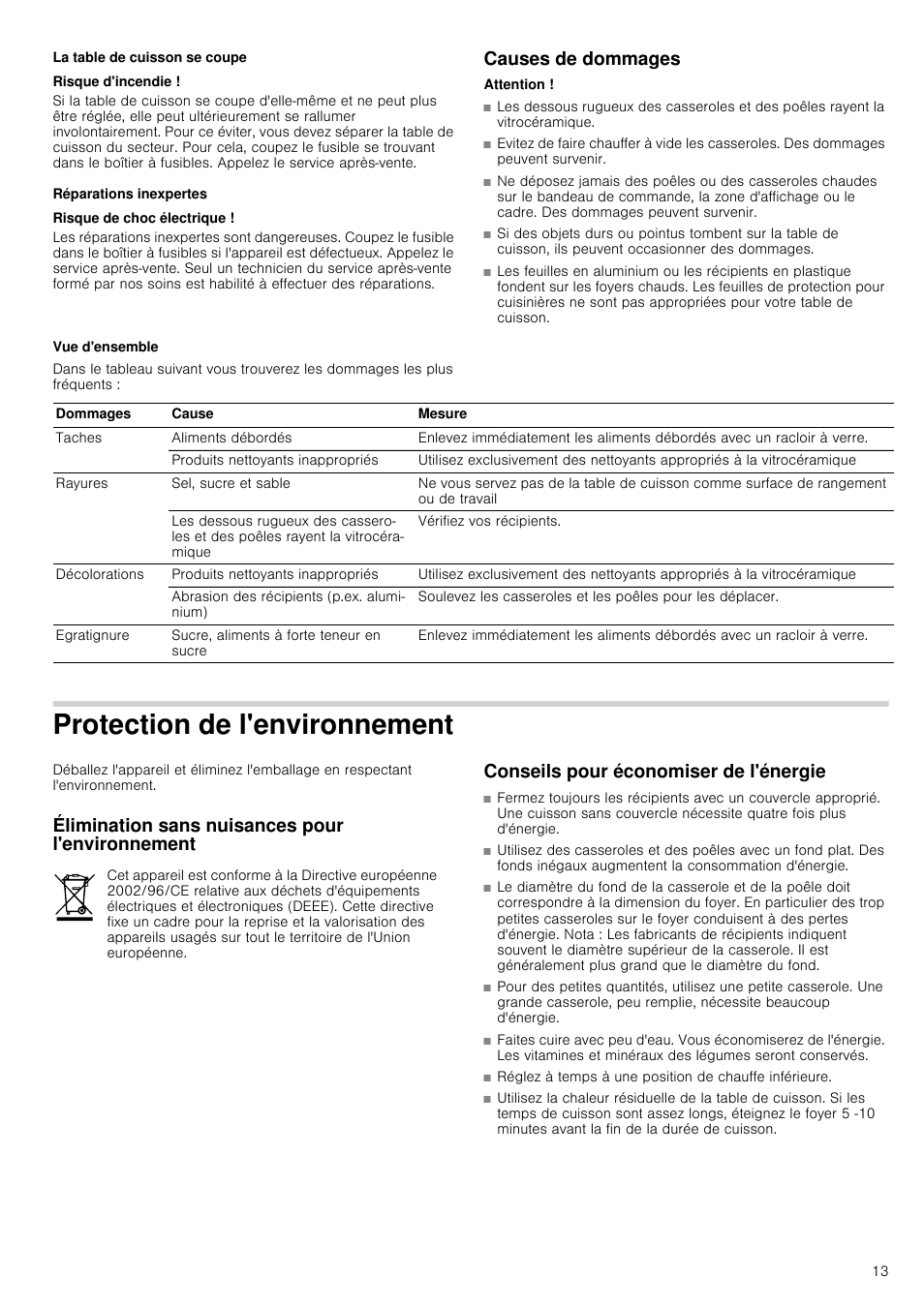 La table de cuisson se coupe, Risque d'incendie, Réparations inexpertes | Risque de choc électrique, Causes de dommages, Vue d'ensemble, Protection de l'environnement, Élimination sans nuisances pour l'environnement, Conseils pour économiser de l'énergie | Neff T15T40X0 User Manual | Page 13 / 40