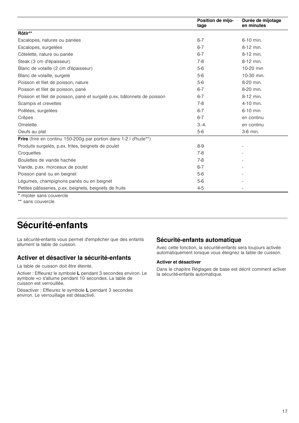 Sécurité­enfants, Activer et désactiver la sécurité­enfants, La table de cuisson doit être éteinte | Sécurité­enfants automatique, Activer et désactiver | Neff T15T40X0 User Manual | Page 17 / 40