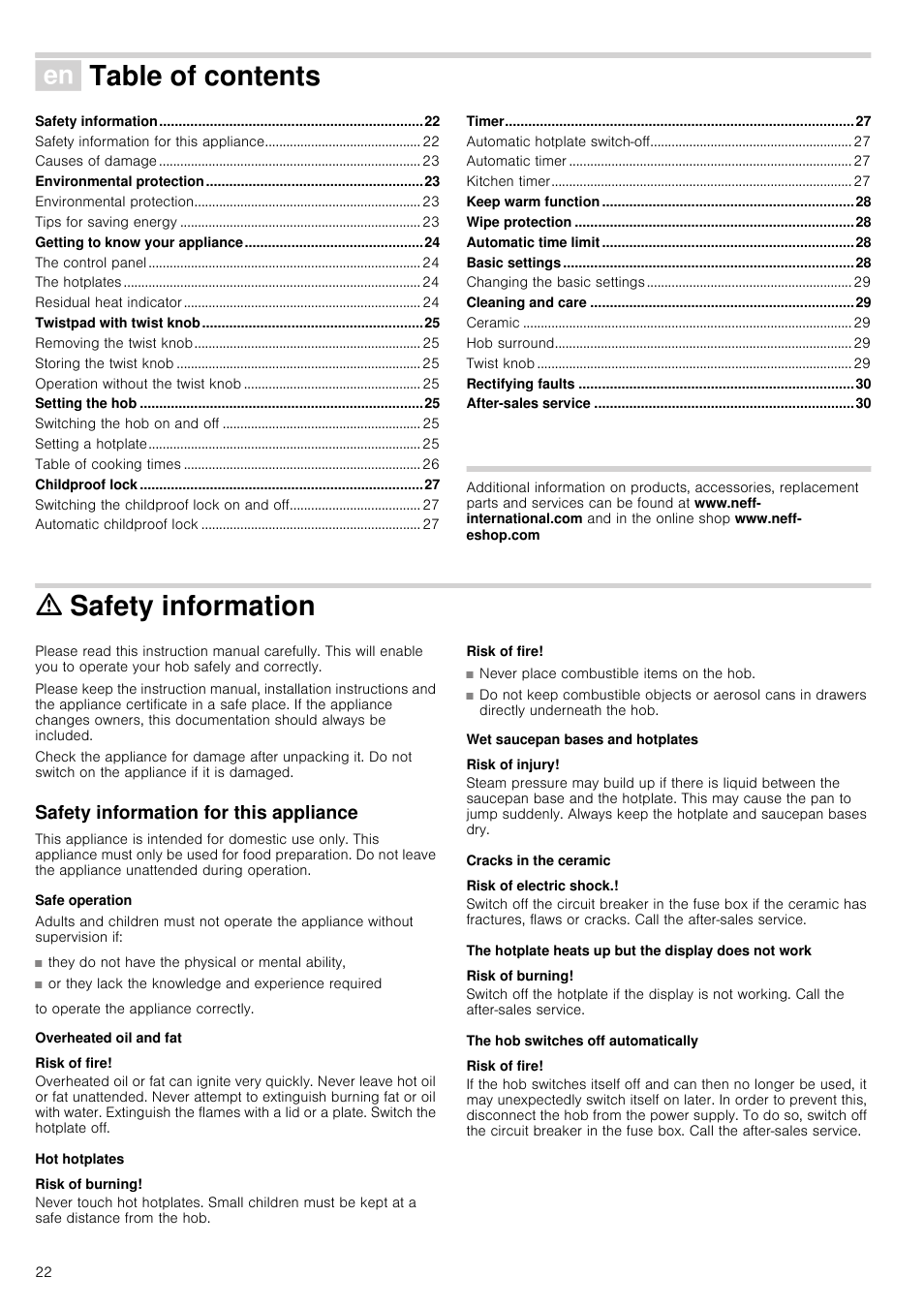 Ú table of contents, Produktinfo, M safety information | Safety information for this appliance, Safe operation, To operate the appliance correctly, Overheated oil and fat, Risk of fire, Hot hotplates, Risk of burning | Neff T15T40X0 User Manual | Page 22 / 40