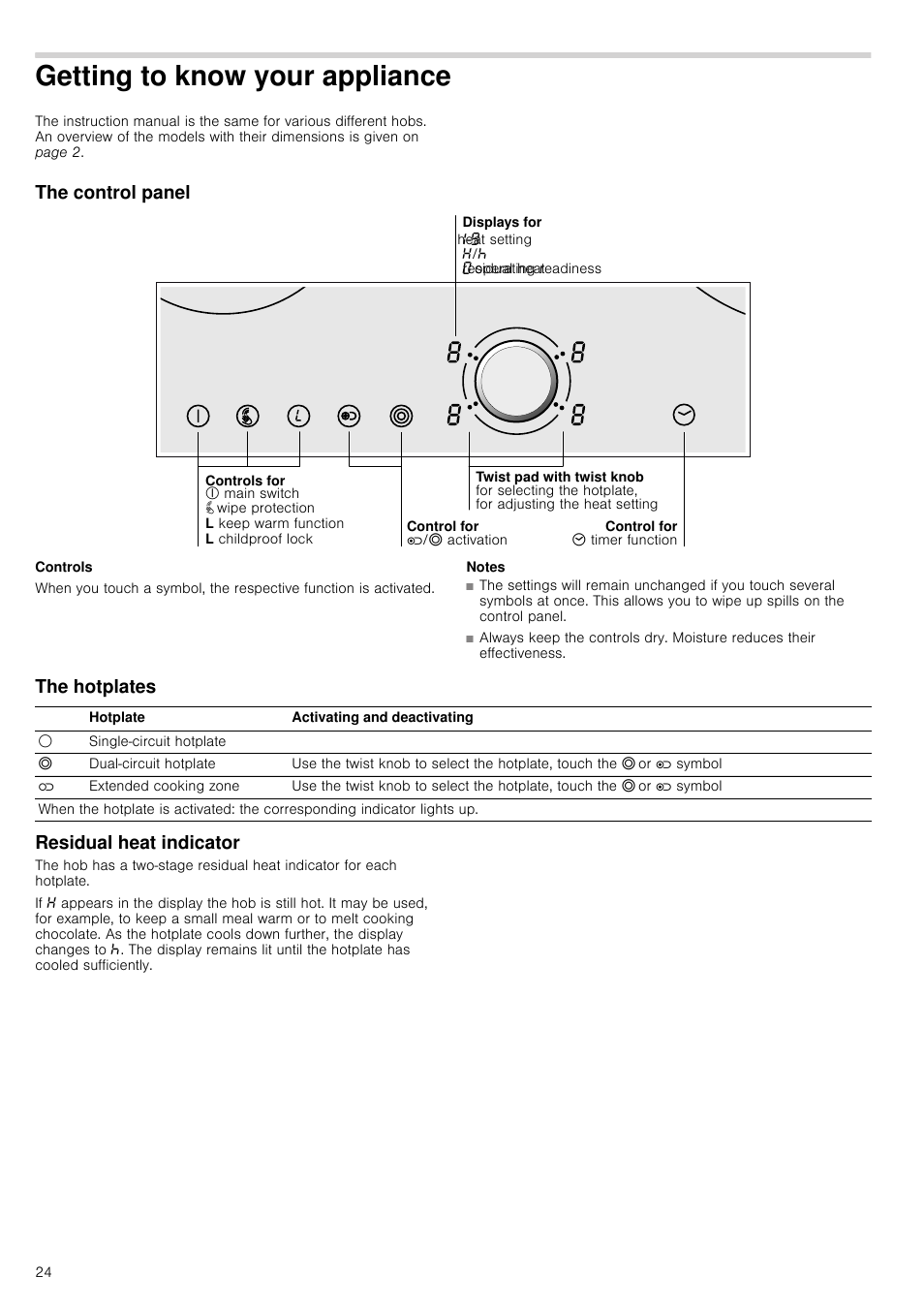 Getting to know your appliance, The control panel, Controls | Notes, The hotplates, Residual heat indicator, The hotplates residual heat indicator | Neff T15T40X0 User Manual | Page 24 / 40