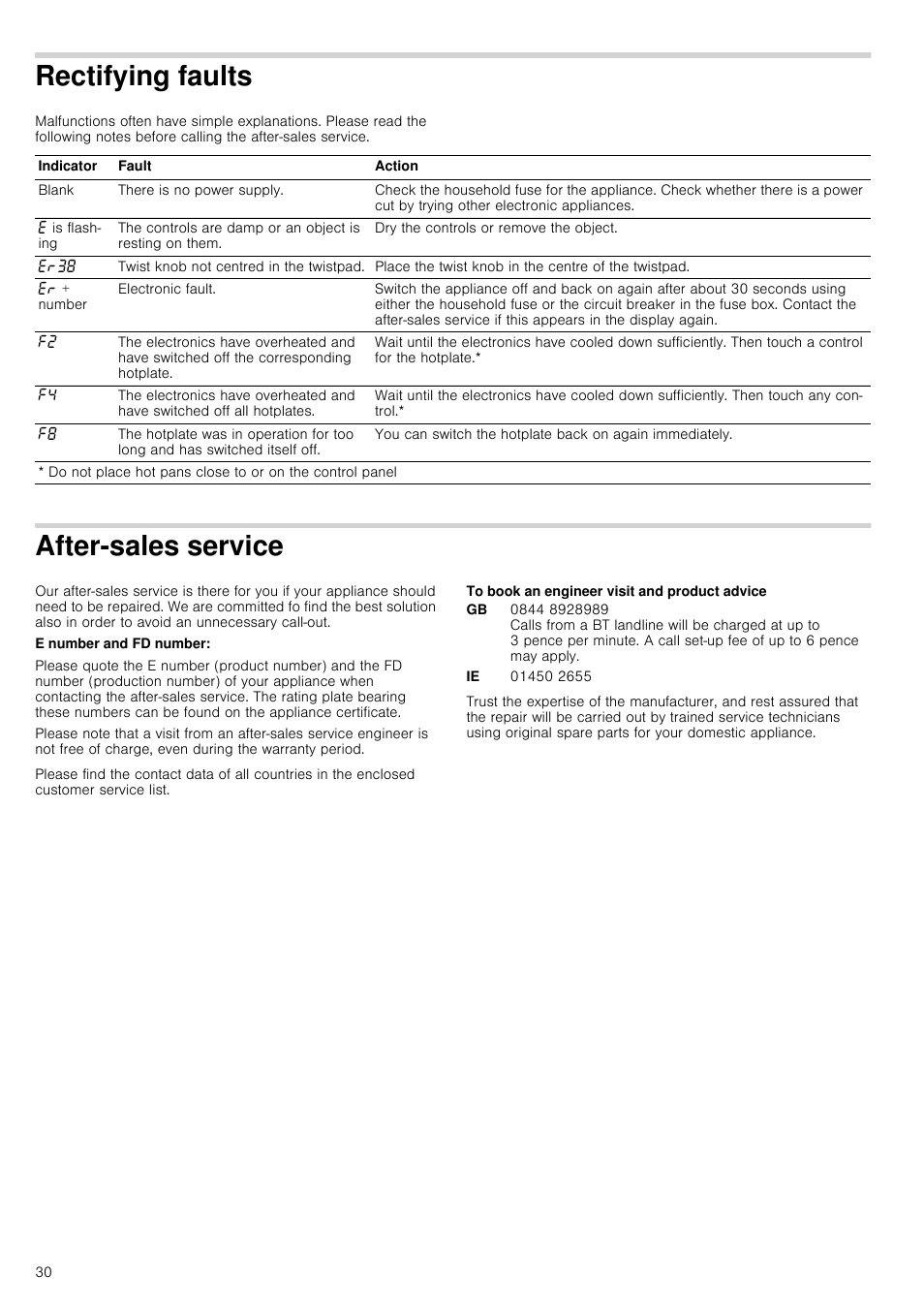 Rectifying faults, After-sales service, E number and fd number | To book an engineer visit and product advice | Neff T15T40X0 User Manual | Page 30 / 40