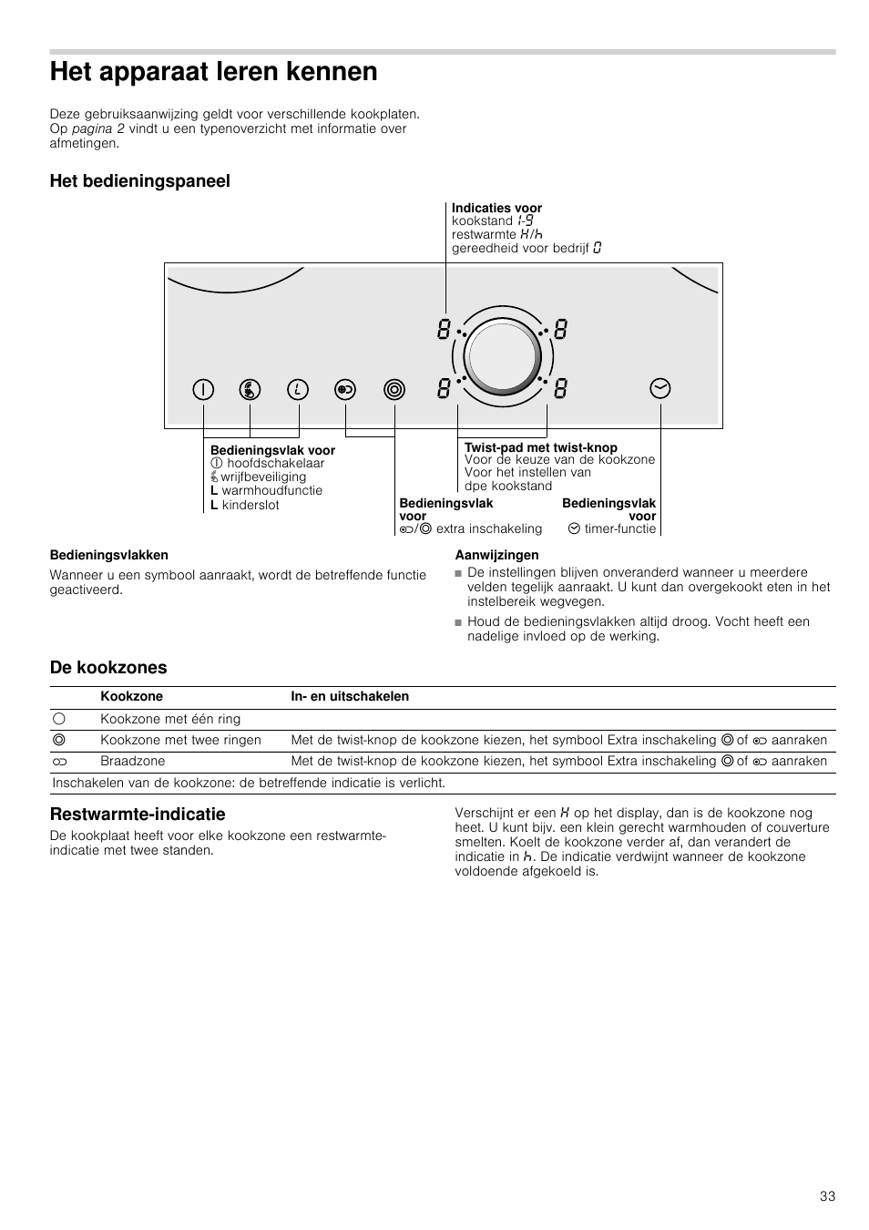 Het apparaat leren kennen, Het bedieningspaneel, Bedieningsvlakken | Aanwijzingen, De kookzones, Restwarmte-indicatie, De kookzones restwarmte-indicatie | Neff T15T40X0 User Manual | Page 33 / 40