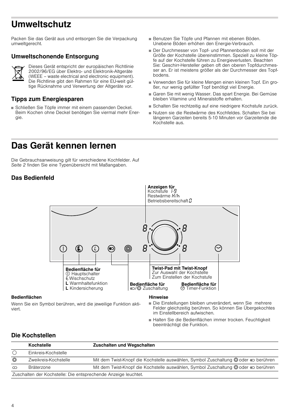 Umweltschutz, Umweltschonende entsorgung, Tipps zum energiesparen | Das gerät kennen lernen, Das bedienfeld, Bedienflächen, Hinweise, Die kochstellen, Umweltschonende entsorgung tipps zum energiesparen | Neff T15T40X0 User Manual | Page 4 / 40