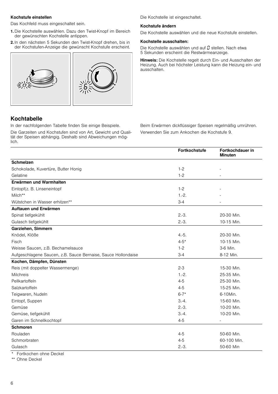 Kochstufe einstellen, Das kochfeld muss eingeschaltet sein, Kochstufe ändern | Kochstelle ausschalten, Hinweis, Kochtabelle, Verwenden sie zum ankochen die kochstufe 9 | Neff T15T40X0 User Manual | Page 6 / 40