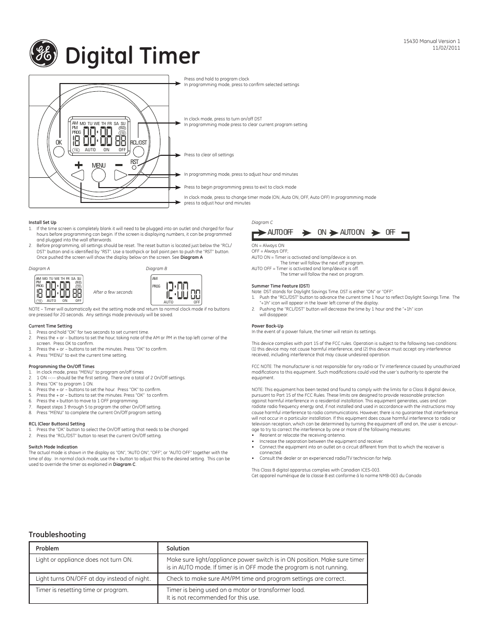 GE 15430 Digital Timer User Manual | 2 pages