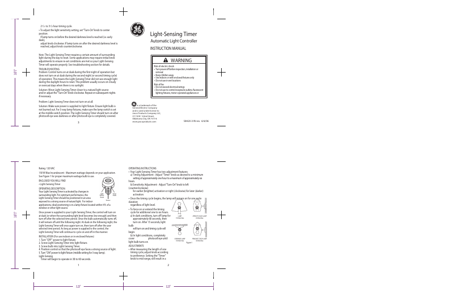 GE 58420 GE Automatic Light-Sensing Timer User Manual | 1 page