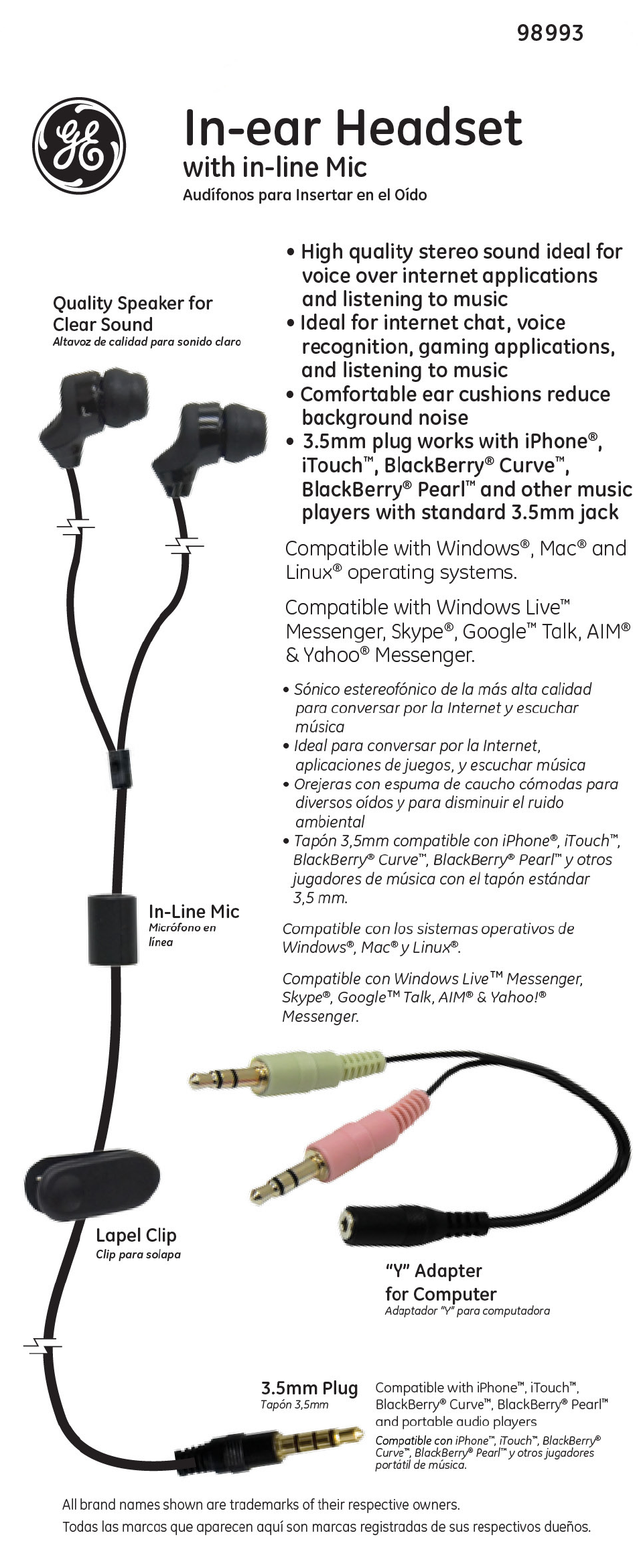 GE 98993 GE In-Ear Stereo Headset User Manual | 1 page