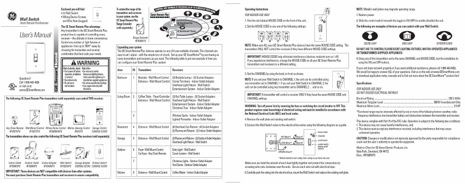 GE 51143 GE Wall Switch Receiver Smart Remote Plus Compatible User Manual | 1 page