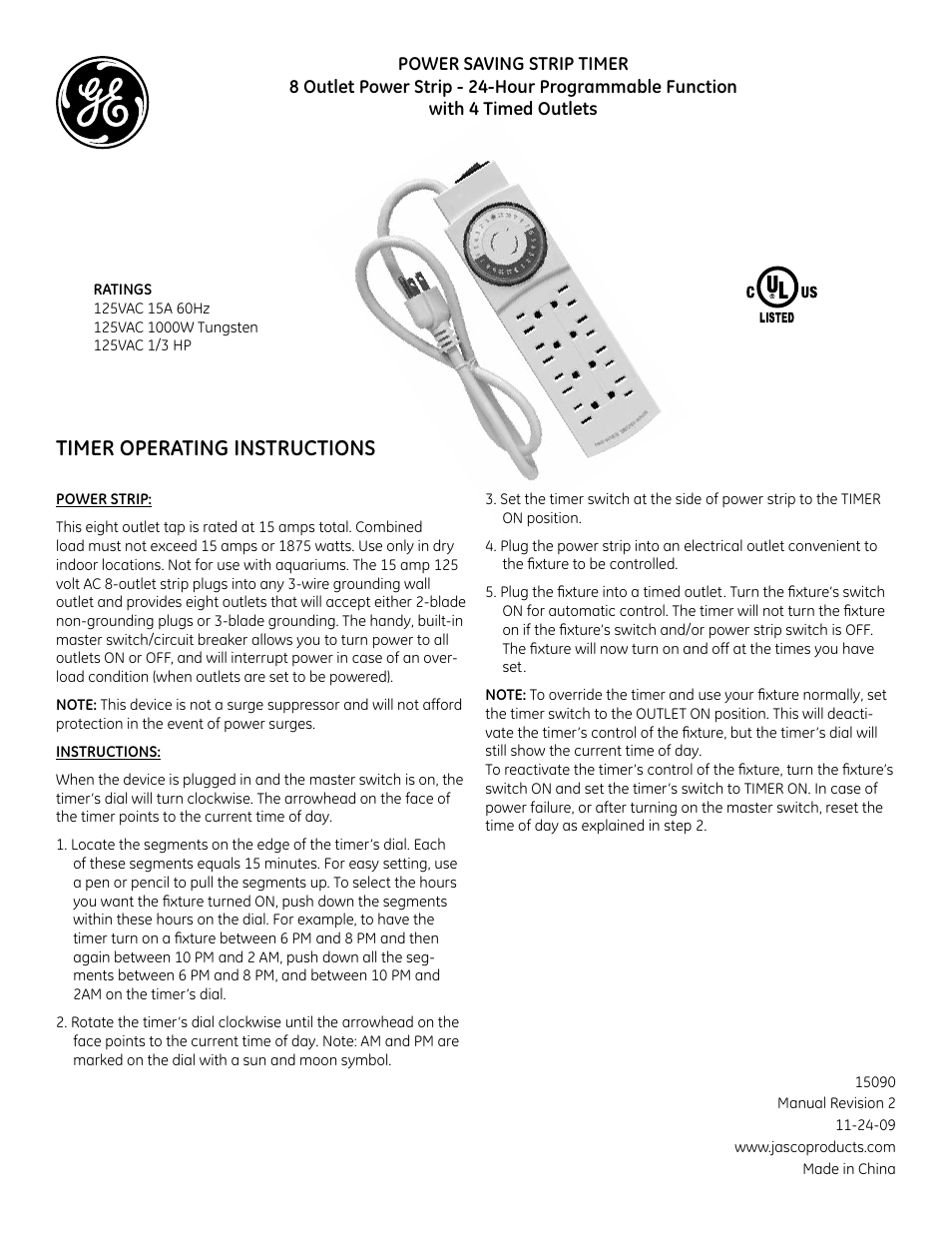 GE Plug-In 15090 GE Strip Timer User Manual | 2 pages