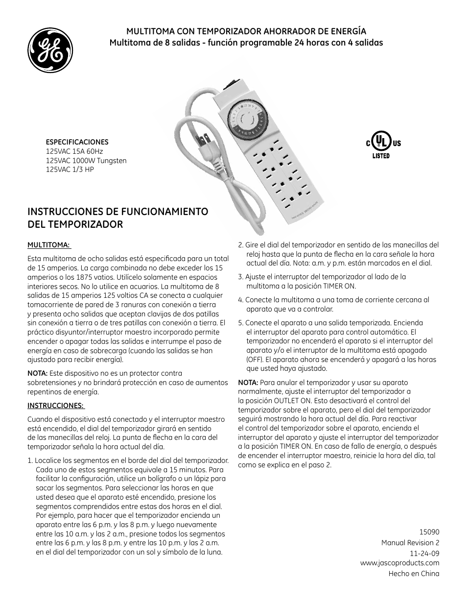 Instrucciones de funcionamiento del temporizador | GE Plug-In 15090 GE Strip Timer User Manual | Page 2 / 2