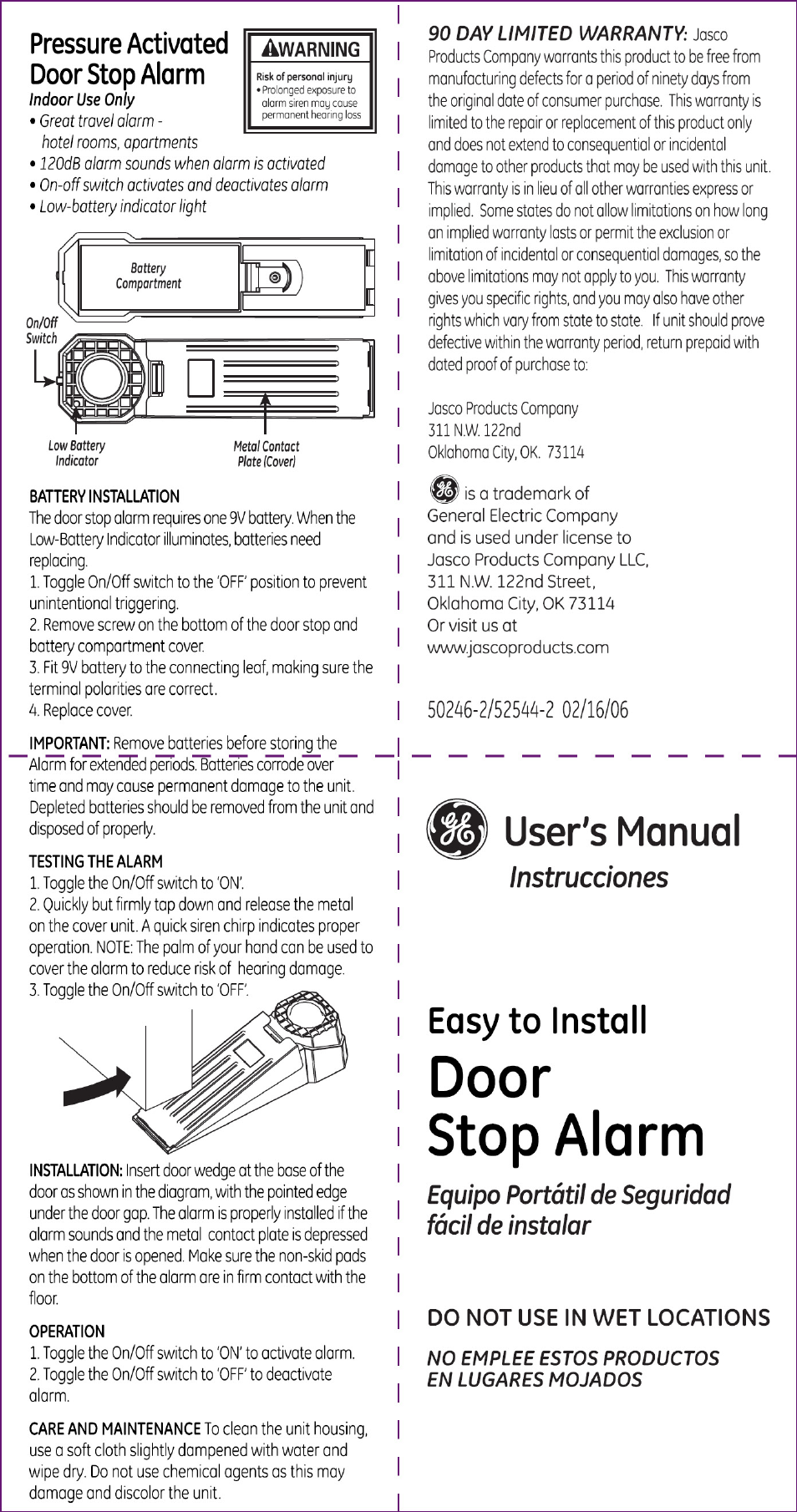 GE 50246 GE Door Stop Alarm User Manual | 1 page