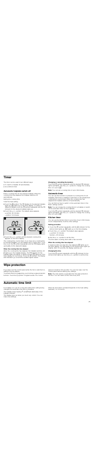 Timer, The timer can be used in two different ways, Automatic hotplate switch-off | Setting the cooking time, Set the heat setting, Touch the + or - symbol. the default value appears, When the cooking time has elapsed, Changing or cancelling the duration, Note, Automatic timer | Neff T13D20N1 User Manual | Page 25 / 36