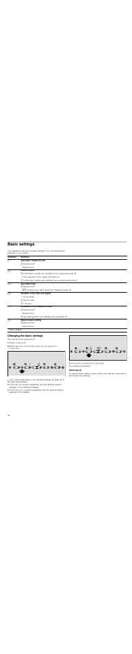 Basic settings, Changing the basic settings, The hob must be switched off | Switch on the hob, Touch the f symbol for 4 seconds, Switching off | Neff T13D20N1 User Manual | Page 26 / 36